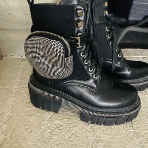 Glam Black Combat Boots with Rhinestone Details